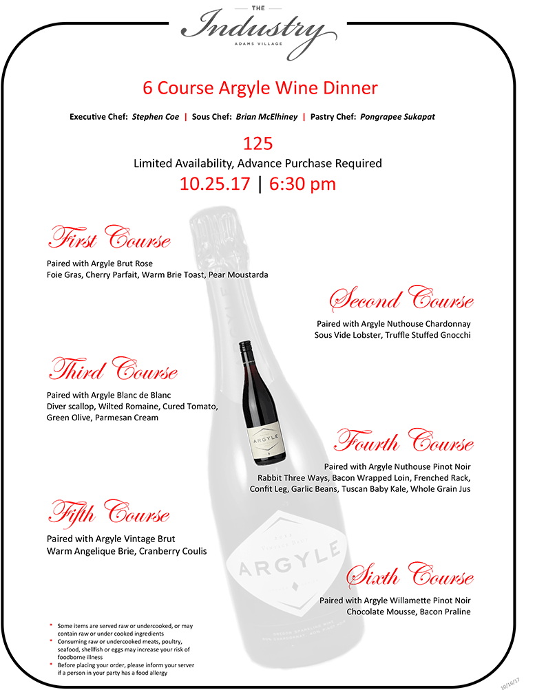 The Industry wine dinner menu