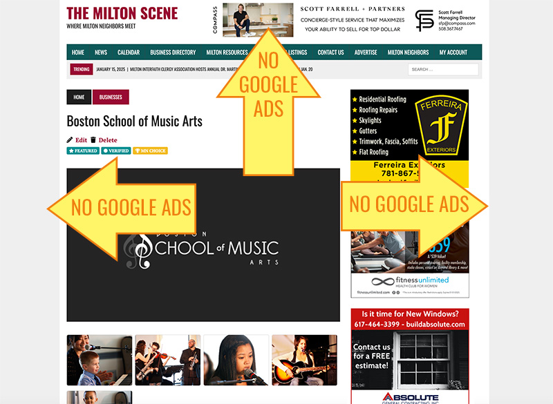 A webpage titled "Boston School of Music Arts" prominently displays two large yellow arrows labeled "No Google Ads." This Premium Business Listing guarantees an ad-free experience, reflecting the school's dedication to quality and concentration on education. Map of locations.