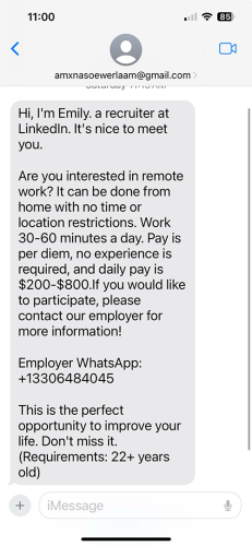 Screenshot of a text message from a scammer offering part-time remote work in data optimization jobs with specific pay details and asking to contact via WhatsApp.