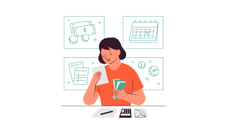 Illustration of a person holding papers and money, with images of currency, calendar, receipts, and a globe in the background. A pen, calculator, and documents are on the table in front—ideal for depicting financial recovery or overcoming a financial setback.