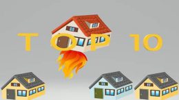 An illustration depicts houses with one flying upwards on flames, encapsulated by the text "TOP 10," signifying how Norfolk county real estate activity soars in April 2024. Three homes remain grounded below, highlighting the dramatic rise.