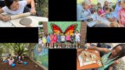 Children engaged in various art activities at the Milton Art Center's Summer Art Camp 2024: rolling clay, painting, posing in front of a butterfly mural, working outdoors, and displaying their clay creations.