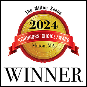 Logo of the 2024 Neighbors' Choice Award presented by The Milton Scene, featuring a gold medal with a red ribbon, labeled "Winner" in Milton, MA.