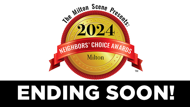 Logo for the "2024 Neighbors' Choice Awards, Milton," featuring a golden medal and a red ribbon, with the text "Ending Soon!" on a white background.