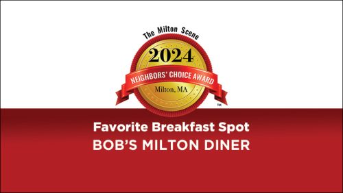 Award badge reading "2024 The Milton Scene Presents: The Milton Neighbors Choice Awards, Milton, MA" for "Favorite Breakfast Spot – Bob’s Milton Diner." Background split between white and red.