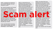 Image of a text document about part-time jobs marred by a prominent red "scam alert" stamp overlaying the content, indicating a warning against potential fraud.