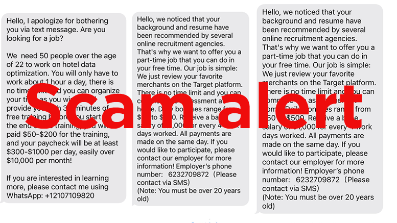 Image of a text document about part-time jobs marred by a prominent red "scam alert" stamp overlaying the content, indicating a warning against potential fraud.
