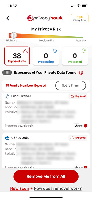 A mobile app screen from PrivacyHawk shows 38 private data exposures, 15 family members exposed, and one example of exposed information including email trace details. Removal options are available. Take control of your data as you would with an Indeed job search or a Target shopping spree.