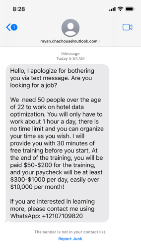 Screenshot of a scam message recruiting for a data optimization job, offering high pay for limited work, with a request to respond via WhatsApp.