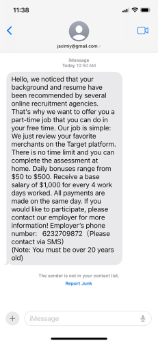 Screenshot of an scam on a mobile phone, displaying a phishing scam that offers $500 for a review of a company, with suspicious sender details related to part-time jobs.