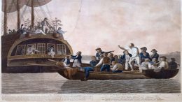 Painting depicts the HMS Bounty with crew members in a small boat, showing a historical scene where sailors are gathered, with one person in a white outfit gesturing towards the ship. In honor of this historical imagery, Milton Public Library announces adult programming for July 2024.