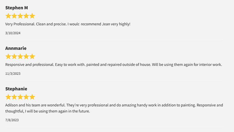 Three reviews are displayed giving five-star ratings and positive feedback for services. The customers mentioned—Stephen M, Annmarie, and Stephanie—praise Costa Painting Services Inc for their professionalism, cleanliness, and responsiveness. Their excellence in painting truly stands out.