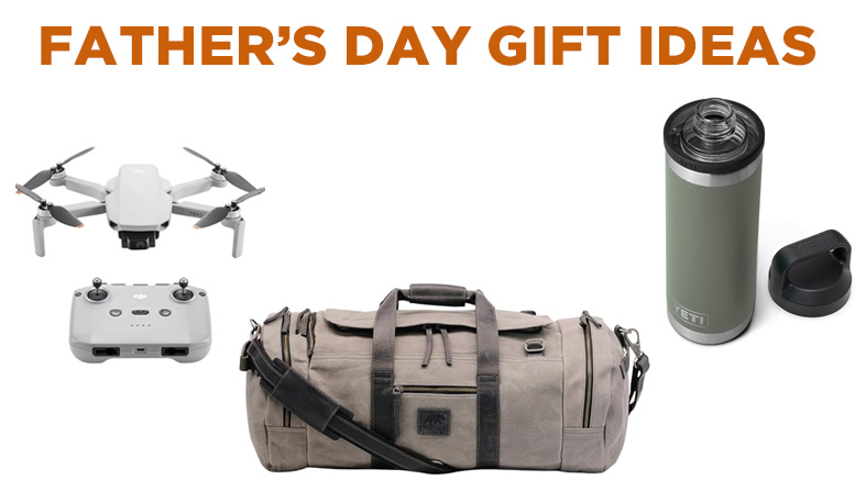 The image showcases "Father's Day Gift Ideas" with pictures of a drone, a controller, a duffel bag, and an insulated bottle, offering perfect gift suggestions for Father's Day 2024.