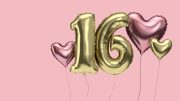 Gold foil balloons forming the number "16" are surrounded by pink heart-shaped balloons against a pink background, offering creative party ideas for a perfect Sweet 16 celebration.