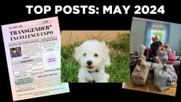 A collage featuring a poster for a "Transgender Excellence Expo", a small white dog sitting on grass, and multiple bags filled with stuffed animals and household items within Cunningham Woods. Title reads "Top Posts: May 2024".