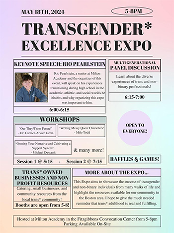 Flyer for the "Transgender* Excellence Expo" on May 18, 2024, 5-8 PM. Features keynote speaker, workshops, panel discussions, exhibits, and more. Hosted at Milton Academy and supported by Milton Neighbors. Open to everyone. Parking available.