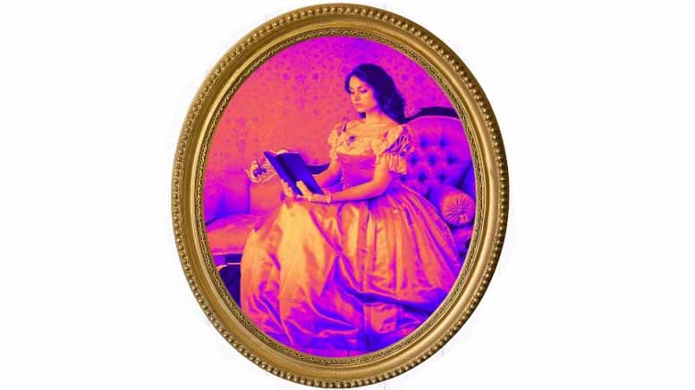 A vintage-style portrait of a woman in a formal dress, sitting on a sofa while reading a book. The image is encased in an ornate, gold oval frame and has a vibrant, neon color effect, reminiscent of the lively ambiance expected at the 2nd Annual David Chesnut Jazz Festival at Eustis Estate on August 10, 2024.