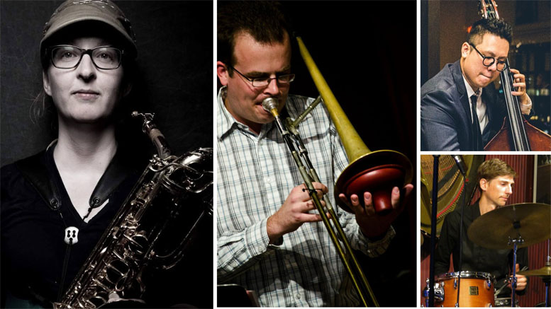 Collage of four musicians: a woman with a saxophone, a man playing a trombone, a man on double bass, and a drummer. Featuring performers for the 2024 Juneteenth community celebration at Eustis Estate on June 22.