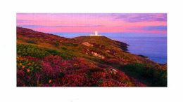 A lighthouse sits on a distant hill overlooking the sea, with pink and purple hues in the sky and vegetation in the foreground as Milton Public Library announces adult programming for August 2024.