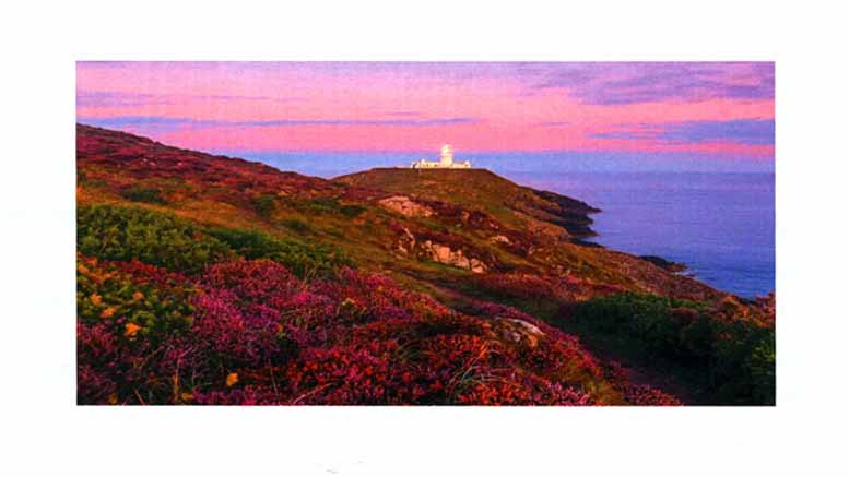 A lighthouse sits on a distant hill overlooking the sea, with pink and purple hues in the sky and vegetation in the foreground as Milton Public Library announces adult programming for August 2024.