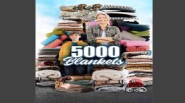 A woman and a child stand among a large stack of folded blankets with the text "5000 Blankets" displayed in front of them, while Milton Public Library announces adult programming for August 2024.