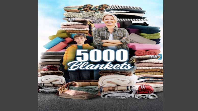 A woman and a child stand among a large stack of folded blankets with the text "5000 Blankets" displayed in front of them, while Milton Public Library announces adult programming for August 2024.