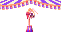 An acrobat balances on hands atop a colorful pedestal, legs bent in a contortion pose. Above, the circus tent top adds to the awe of Opera on Tap Boston and Circus 617's "Arias Aloft: Euphoria" at The Trustees of Reservations.