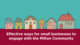 Illustration of six colorful houses in a row with the text "Effective ways for small businesses to engage with the Milton Community" displayed below them. Discover tips at Small Business Corner.