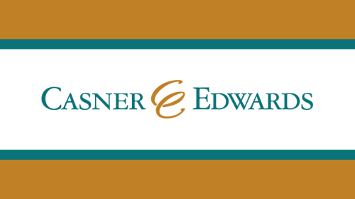 Casner Edwards logo featuring the company name with a stylized "E" between "Casner" and "Edwards" on a white background bordered by teal and tan stripes, highlighting their reputation as one of Milton Neighbors' featured favorites in Business & Corporate Attorneys.