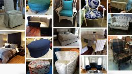 A collage of various upholstered furniture items, including chairs, sofas, beds, and ottomans in different styles, patterns, and colors resembling the rich interiors of luxury boats, displayed in a showroom or store setting.