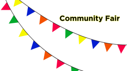 Colorful triangular pennant banners are strung across a white background. Text reads "Join the free Fuller Village Community Fair on Oct. 26, 2024.