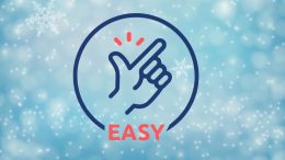 Illustration of a hand snapping fingers inside a circle with the word "EASY" below, set against a snowy, blue background. Perfect for Small Business Corner, it symbolizes managing stress and workload during the busy holiday season with simplicity.