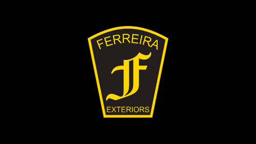 A black shield with a yellow outline showcases "FERREIRA EXTERIORS" in yellow, featuring a stylized "F" at the center, representing quality roofing services.