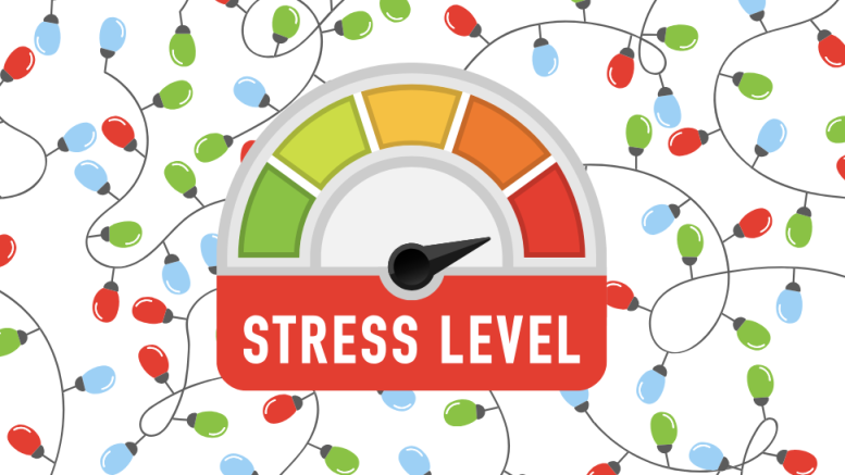 In a vibrant display of tangled colorful Christmas lights, a stress level gauge shows the needle in the red zone. Discover how behind-the-scenes content can boost your small business and help you navigate stress, featured in this week's Small Business Corner.