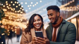 A smiling couple stands outdoors looking at a smartphone, with festive lights glowing in the background. Capture moments like these to spread holiday cheer and boost your brand with user-generated content—Small Business Corner's perfect seasonal strategy.