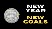 A disco ball with yellow sparkles illuminates a black background. Bold white and yellow text reads "New Year, New Goals." Check out the "Top 5 Marketing Trends for Small Businesses in 2024" from the Small Business Corner to kickstart your year!