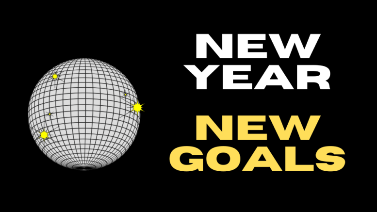 A disco ball with yellow sparkles illuminates a black background. Bold white and yellow text reads "New Year, New Goals." Check out the "Top 5 Marketing Trends for Small Businesses in 2024" from the Small Business Corner to kickstart your year!