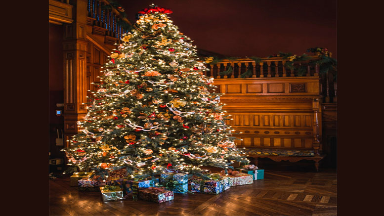 A decorated Christmas tree with lights and ornaments stands in a wooden-paneled room, surrounded by wrapped gifts, spreading Christmas cheer reminiscent of the festivities at the Eustis Estate set for December 18.