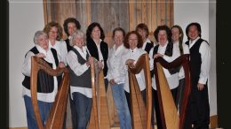 A group of eleven people poses with harps in front of a wooden backdrop, dressed in black and white attire, reminiscent of the elegance showcased at The Milton Public Library's adult programs announcement for December 2024.