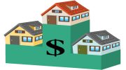 Illustration of three houses on varying heights of a green bar graph with a large dollar sign, symbolizing real estate prices as the Norfolk County real estate market stays steady in Q2 2024.