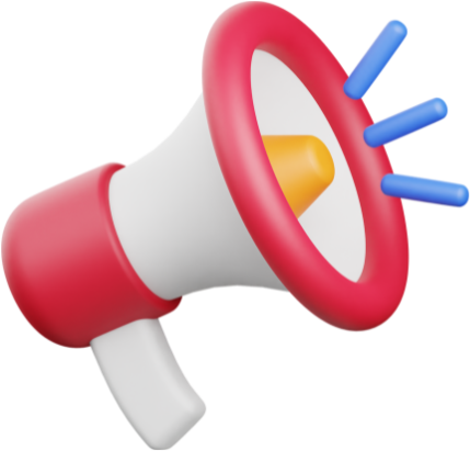 3D illustration of a red and white megaphone with blue sound lines.