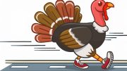 Illustration of a cartoon turkey wearing red sneakers, briskly walking along a road at 8:00 a.m., likely heading to the 24th annual Turkey Trot at Turners Pond on Thanksgiving morning.