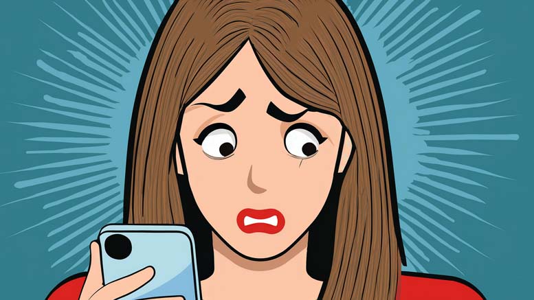 Illustration of a worried woman with long brown hair holding a smartphone, looking at it with an anxious expression against a blue radial background, as she contemplates America's future.