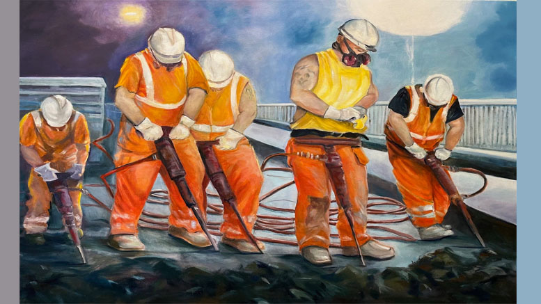 Under the bright winter lights at night, workers in orange vests and helmets use jackhammers at a construction site, reminiscent of an industrial scene from the upcoming Wotiz Gallery exhibit set to take place in March.