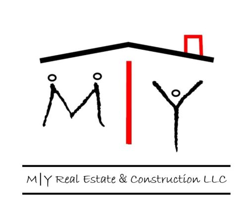 Logo for M|Y Real Estate & Construction LLC, blending stylized letters into a house shape with a roof and a red chimney. Perfect for General Contractors looking to showcase their featured favorites among Milton Neighbors.