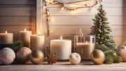 A festive arrangement featuring lit candles, decorative balls, a small tree, and string lights on a wooden surface can make your holiday display shine. Perfect for adding charm to the Small Business Corner while exploring 5 easy last-minute marketing ideas to boost your sales.