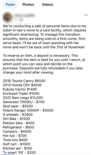 Facebook moving sale scam example : Explore our moving sale items, featuring cars, bikes, and appliances with prices and deposit requirements. We're letting them go due to a family member's relocation. Make sure to secure your choice by the end of November—no "too good to be true" deals here!