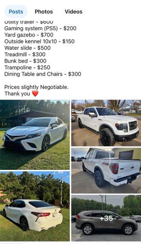 Facebook moving sale scam example : Collage of cars and a list of various items for sale, all part of a moving sale. Featured are a gaming system, gazebo, treadmill, and more. Prices are slightly negotiable but almost seem too good to be true.