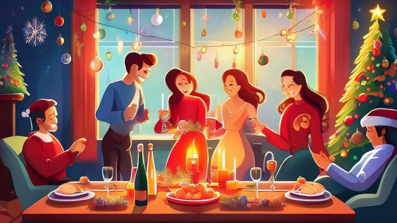 A group of six people enjoy a cozy, festive dinner in a beautifully decorated room with a Christmas tree and candles on the table, embracing the warmth of home as they celebrate New Year's Eve together.