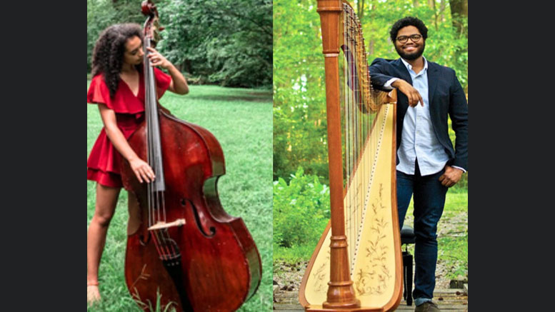 Zamora and Pola are set to host a magical sunset concert at Eustis Estate, featuring an enchanting duo: one playing a double bass in a red dress, the other beside a harp in a blue suit. Greenery sets the picturesque backdrop for this unforgettable evening.